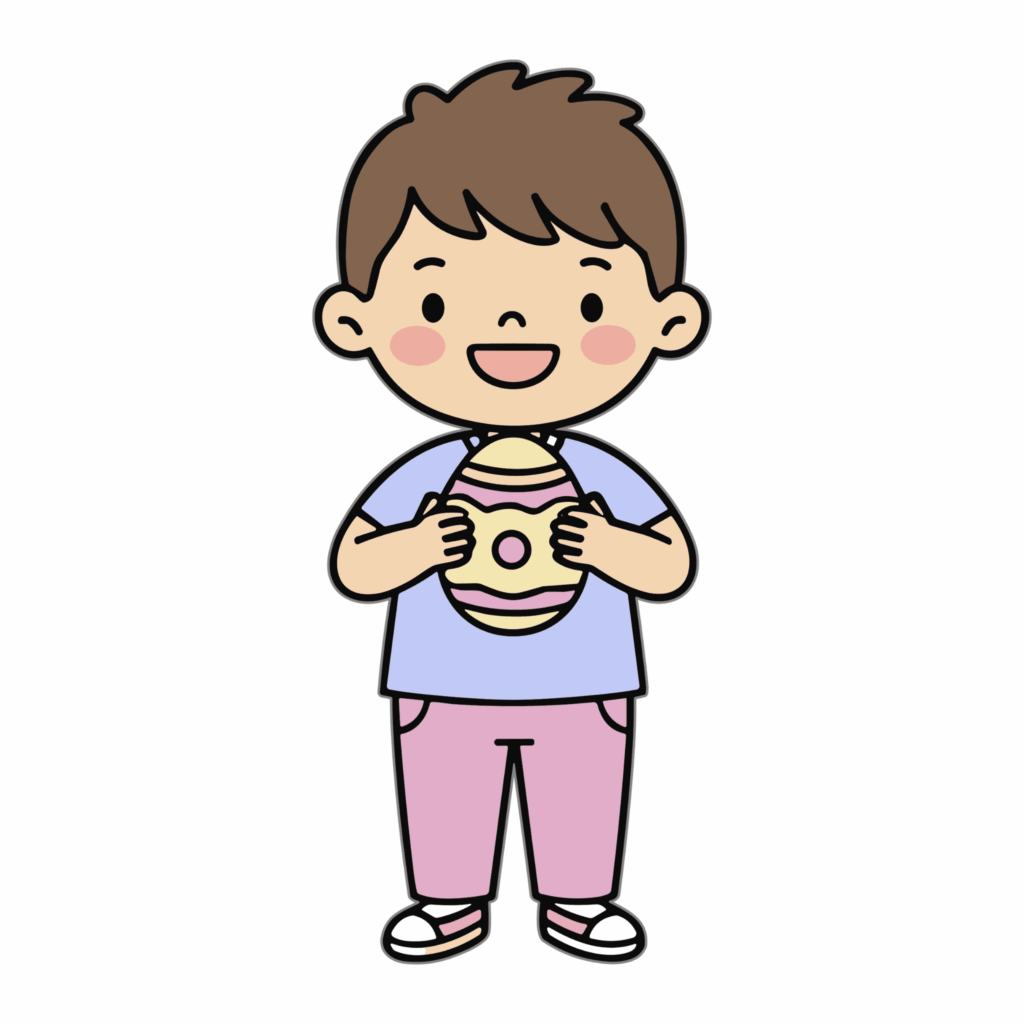 Illustration of a toddler holding a filled Easter egg, representing safe egg filler ideas for young children