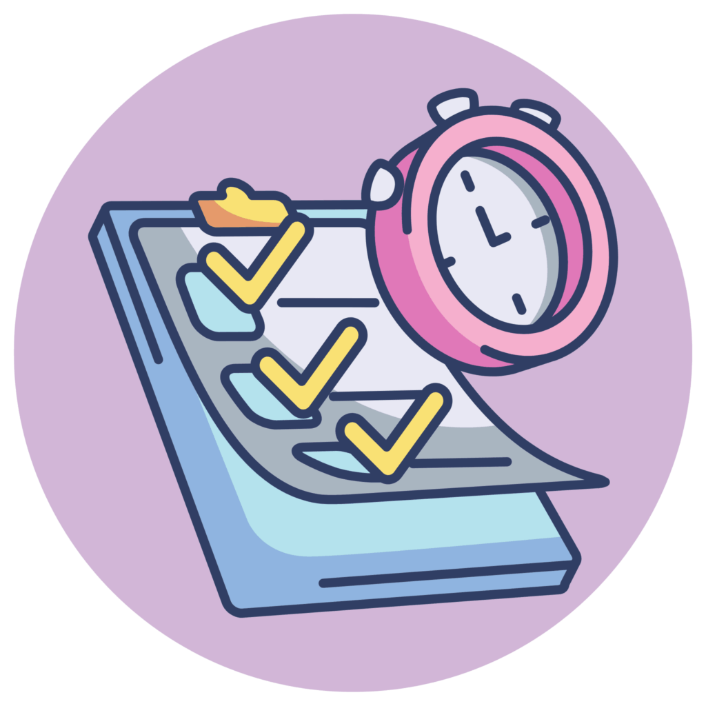 Checklist and clock illustration showing how long a toddler Easter egg hunt should last