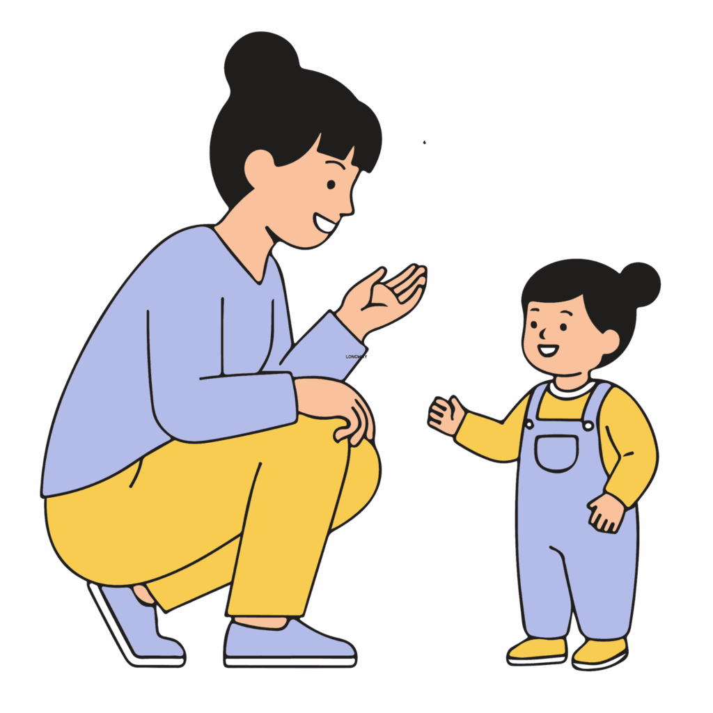 Illustration of a parent talking with a toddler about choosing a simple Easter egg hunt theme