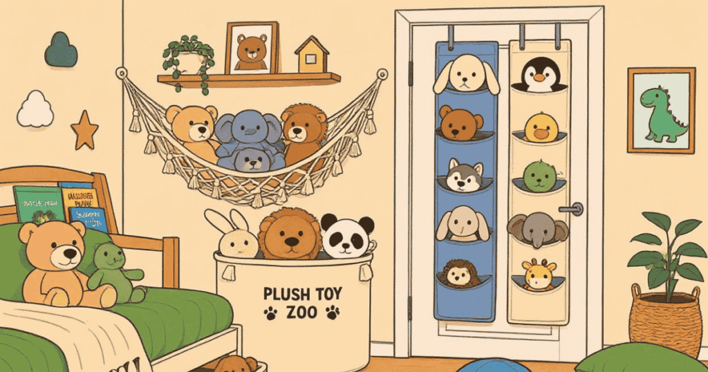 Cute kids room with multiple plush toy storage ideas including a wall hammock, hanging door organizer, and plush storage basket for organizing stuffed animals in a cozy bedroom.