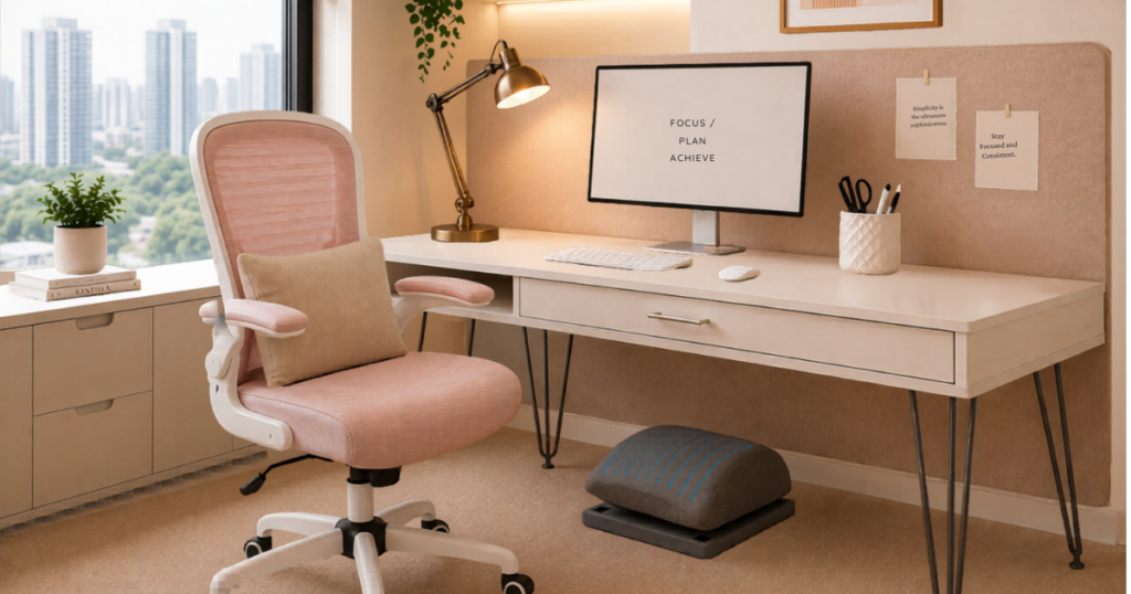 Cozy office workplace with a soft pink ergonomic chair, minimalist white desk, warm desk lamp lighting, and calming neutral decor for a cozy and productive workspace atmosphere.