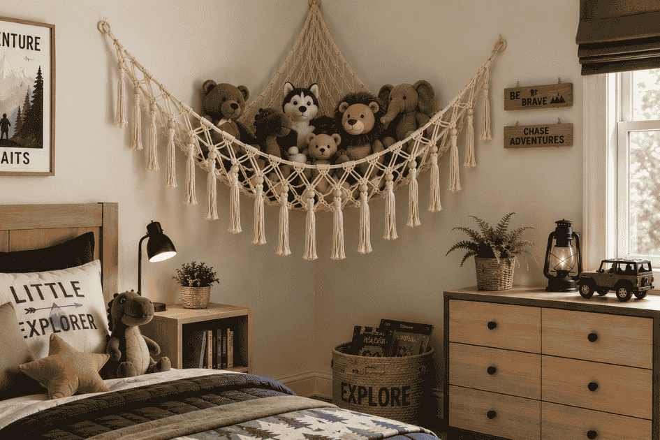 Macramé stuffed animal hammock in a cozy adventure-themed boys’ bedroom with plush toys, warm wooden furniture, and soft neutral decor