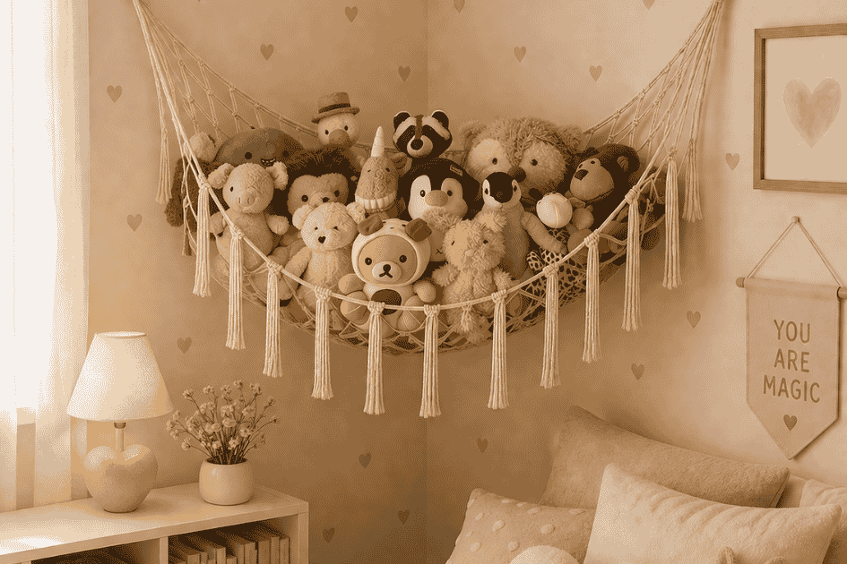 Corner stuffed animal hammock filled with plush toys in a warm pastel kids bedroom with cozy nursery decor and soft lighting