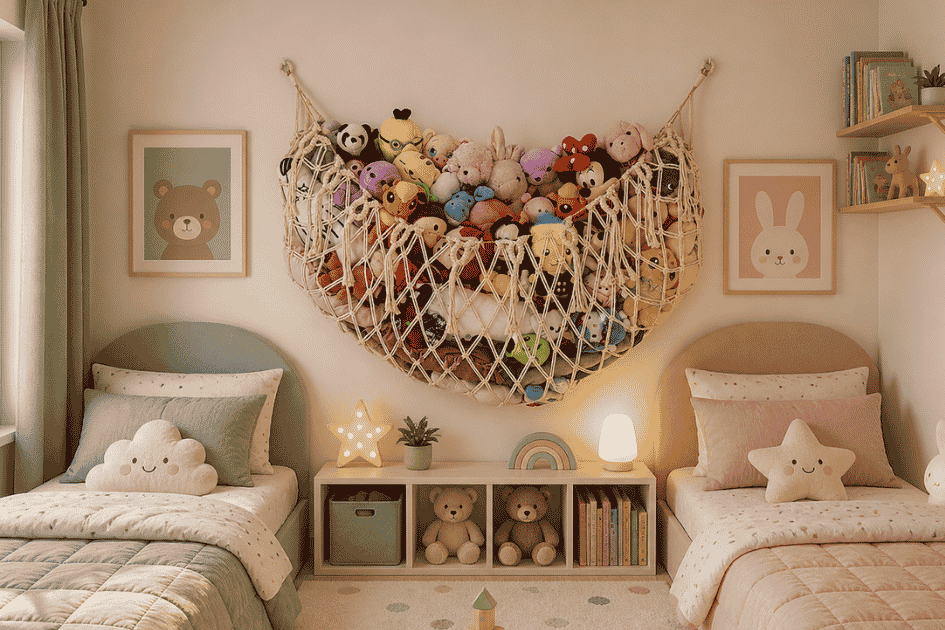 Large stuffed animal hammock on a flat wall between two kids beds, filled with plush toys in a cozy pastel nursery bedroom