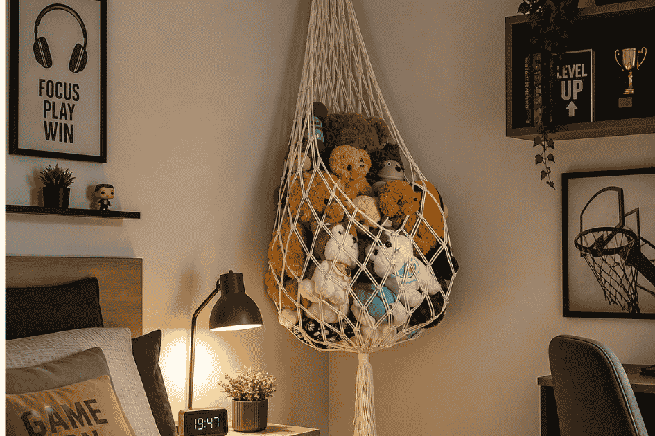 Vertical stuffed animal hammock in a cozy teen bedroom corner, used for plush toy storage and space-saving wall organization