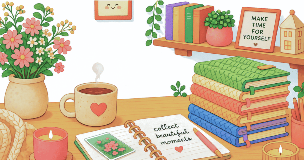Character plush journal inspiration featuring colorful notebooks, a warm coffee mug, candles, flowers, and a peaceful writing space for collecting memories and creative journal ideas.