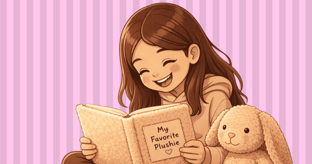 illustration of girl reading journal of favorite plushie