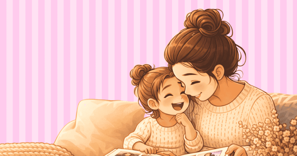Illustration of a mother and child reading a favorite plushie keepsake journal filled with childhood memories.