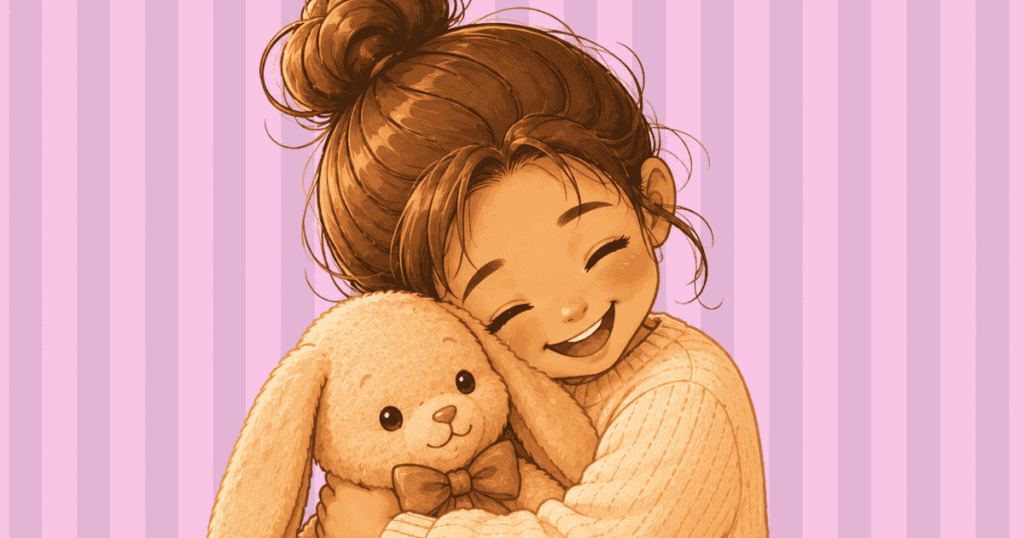 illustration of girl hugging plushie