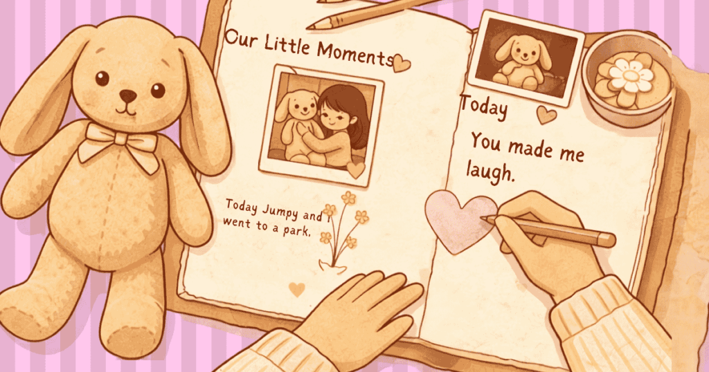 Illustration of a child writing memories in a favorite plushie keepsake journal beside a plush bunny.