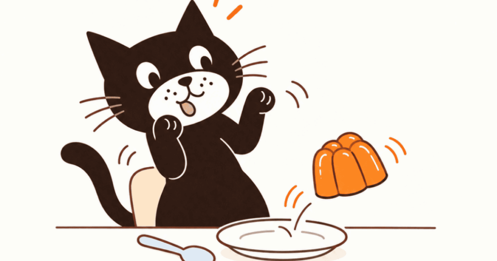 jelly jumpt from the plate, cat is suprised, illustration